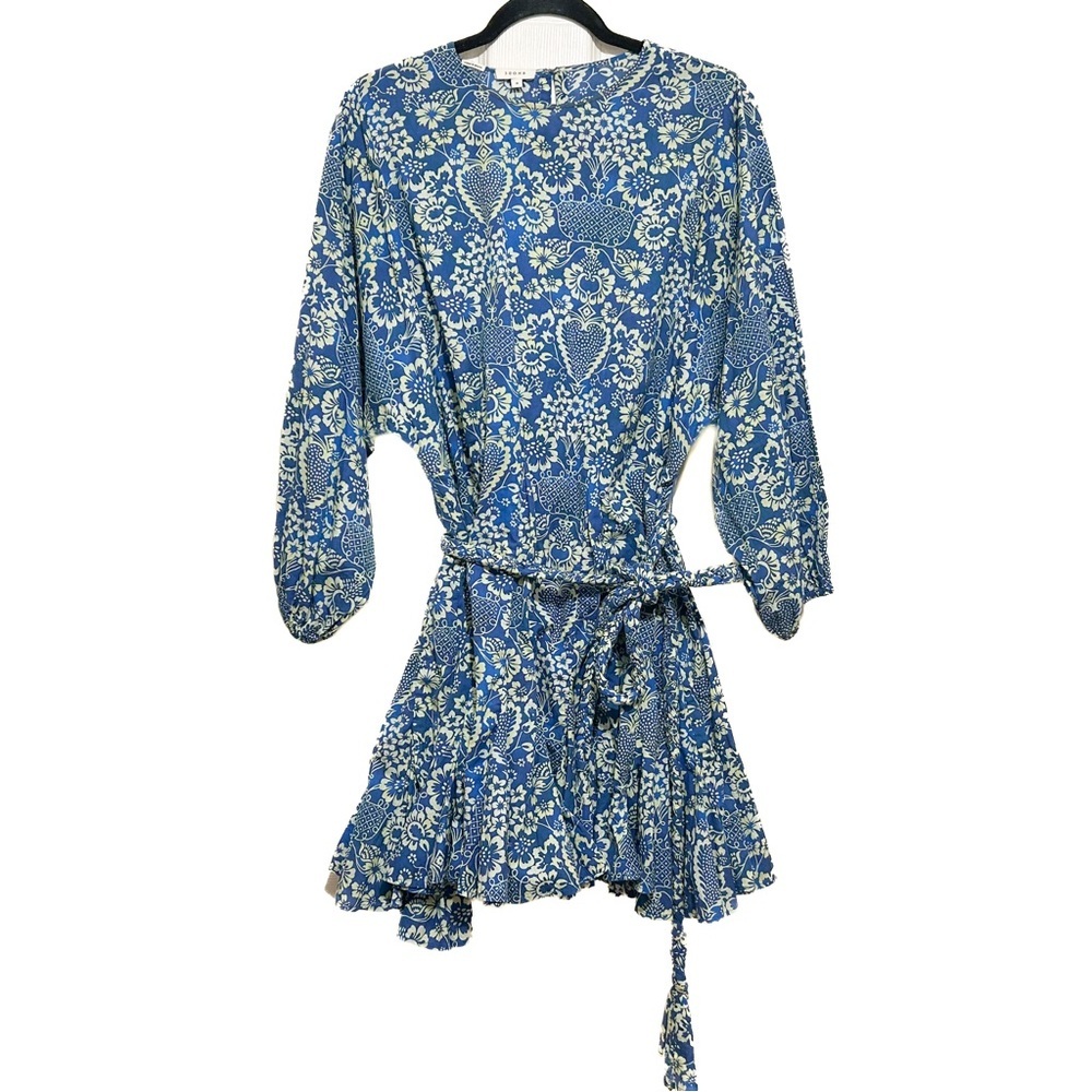 RHODE Floral Print Dress Blue Cream Feminine Ruffle Cotton Beach Vacation Sz Med